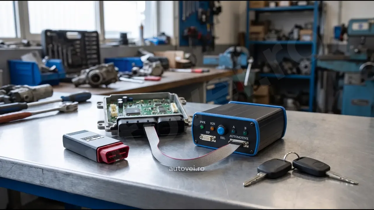 Modulul pentru lucru pe banc legat printr-un cablu plat de un calculator scos din camion, lângă interfața VEI și două chei