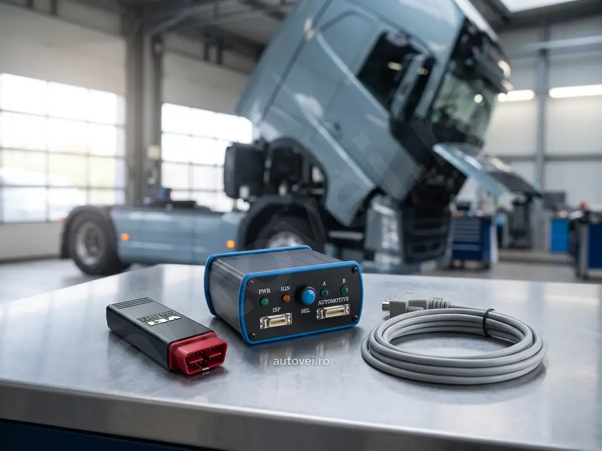 Interfața VEI cu mufă OBD și modulul pentru lucru pe banc, pe masa de lucru din fața unui camion cu cabina rabatată