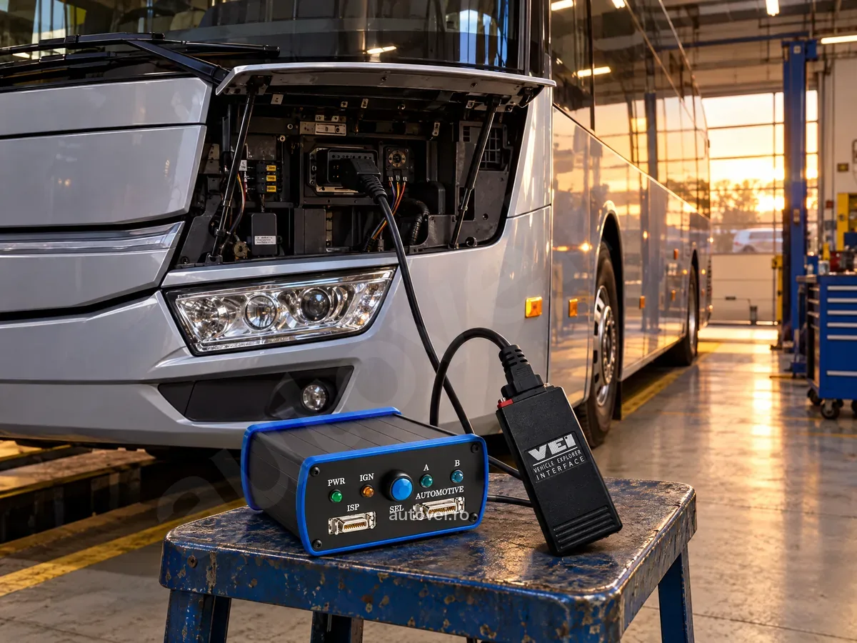 Interfața VEI WiFi și modulul DirectConnect 2U din kitul Truck Explorer America, pe un taburet în fața unui autocar cu panoul frontal deschis, cu cablul spre priza de diagnoză.
