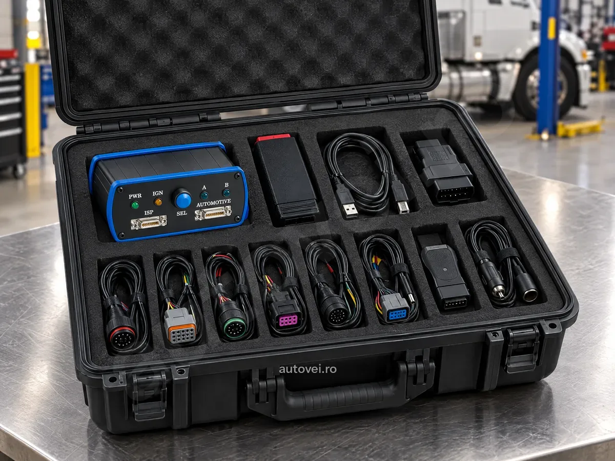 Kitul Truck Explorer America în valiza neagră deschisă: modulul DirectConnect 2U, interfața VEI WiFi, cablul USB, adaptorul OBD și cablurile pentru module.