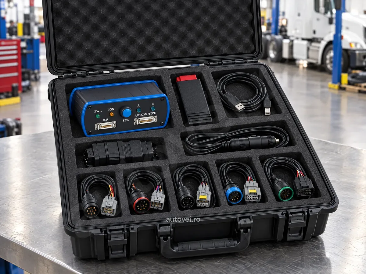 Kitul Truck Explorer Chipallino în valiza neagră deschisă: modulul DirectConnect 2U, interfața VEI WiFi, cablul USB, adaptorul OBD, cablurile pentru module și prelungitorul de alimentare.