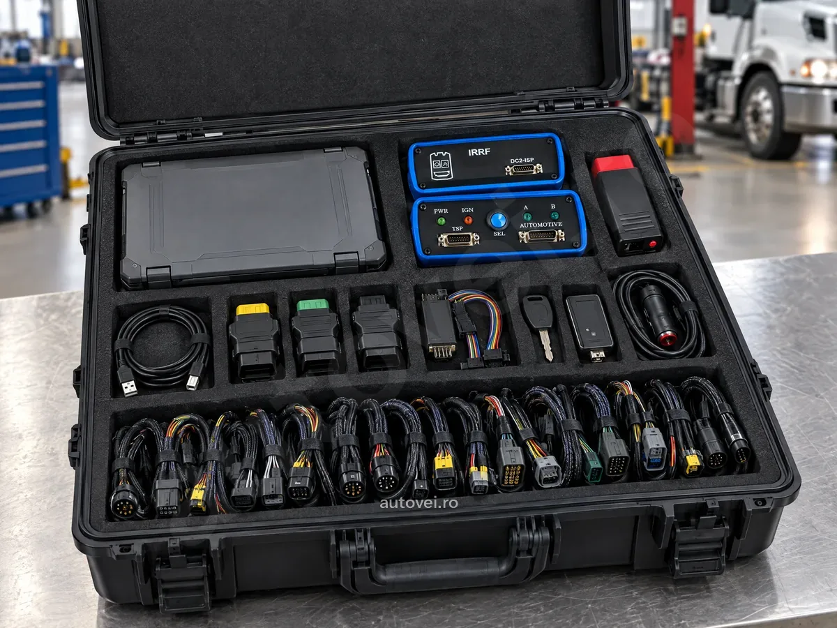 Pachetul Truck Explorer PRO în valiza neagră deschisă: laptopul robust, modulele IRRF și DirectConnect 2U, interfața VEI WiFi, trei adaptoare OBD, cheia neprogramată și rândul de cabluri pentru module.
